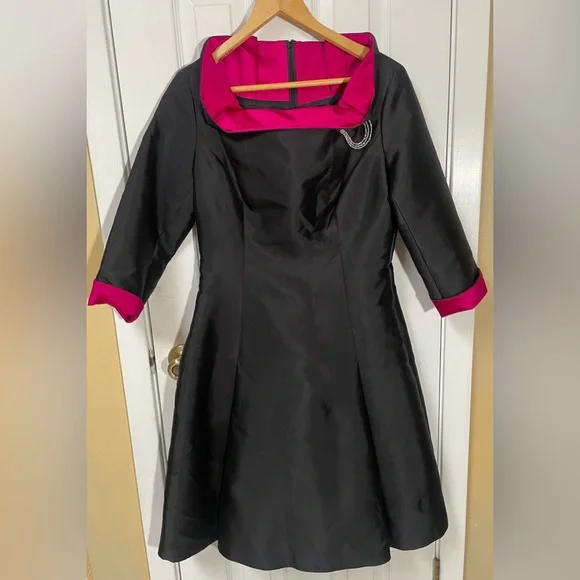 Rickie Freeman Teri Jon Dress Size 8 Black Pink Silk Wool Party Wedding Cocktail - Picture 2 of 9